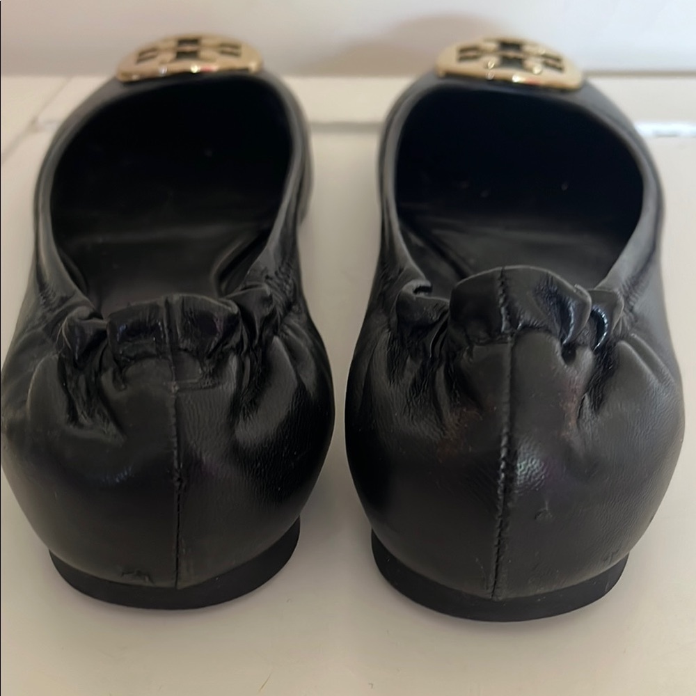 Tory Burch Black Leather Ballet Flats with Gold Logo Medallions - Picture 7 of 8